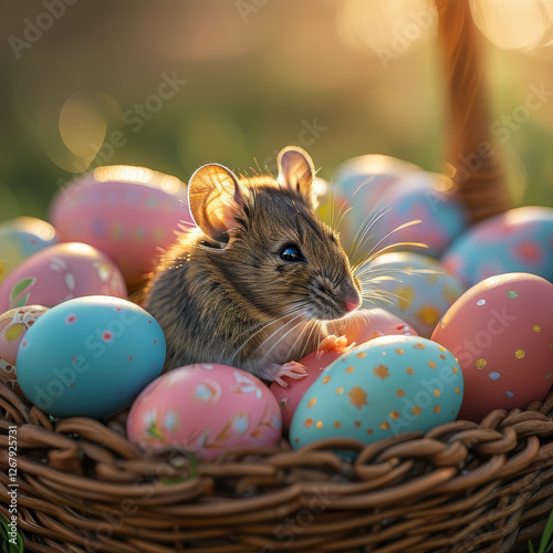 Easter celebration animal, cute easter rat in an easter basket full of colorful easter eggs, sunny spring time holiday, spring flower meadow, golden hour, easter nest