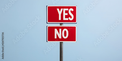 A signpost features two options: a red sign displaying 'YES' above another red sign displaying 'NO', set against a pale blue background, choice and options.