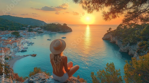 A woman enjoying a sunset by the sea. photo