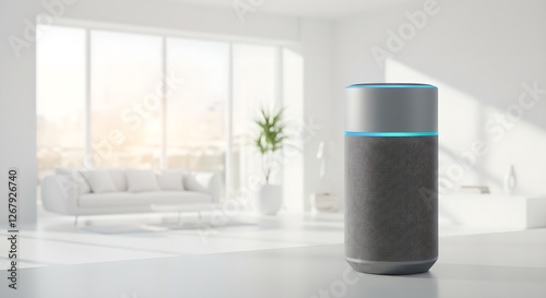 Smart speaker with blue light in minimalist white living room. Voice assistant for home automation. Modern IoT device for smart home control and voice commands. Banner with copy space
