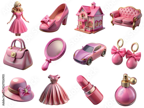 Collection of pink princess doll 3d icons isolated on the transparent background