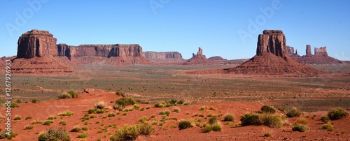 Majestic sandstone formations and scenic beauty of Monument Valley, a Navajo Nation Park spanning across Utah and Arizona is world famous. 