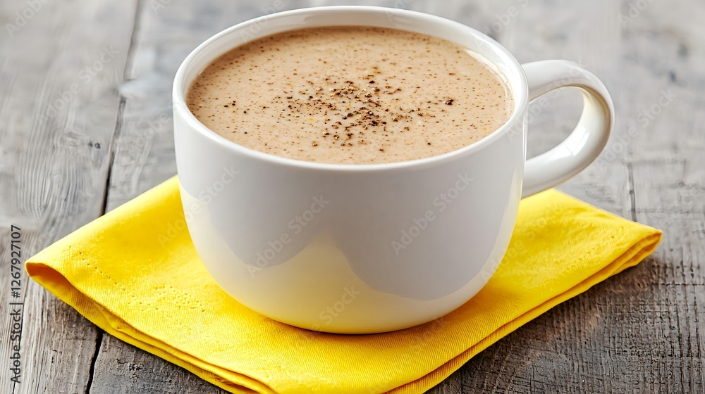 Cozy Cup of Foam Topped Coffee on Bright Yellow Napkin Cozy Cup of Foam Topped Coffee on Bright Yellow Napkin