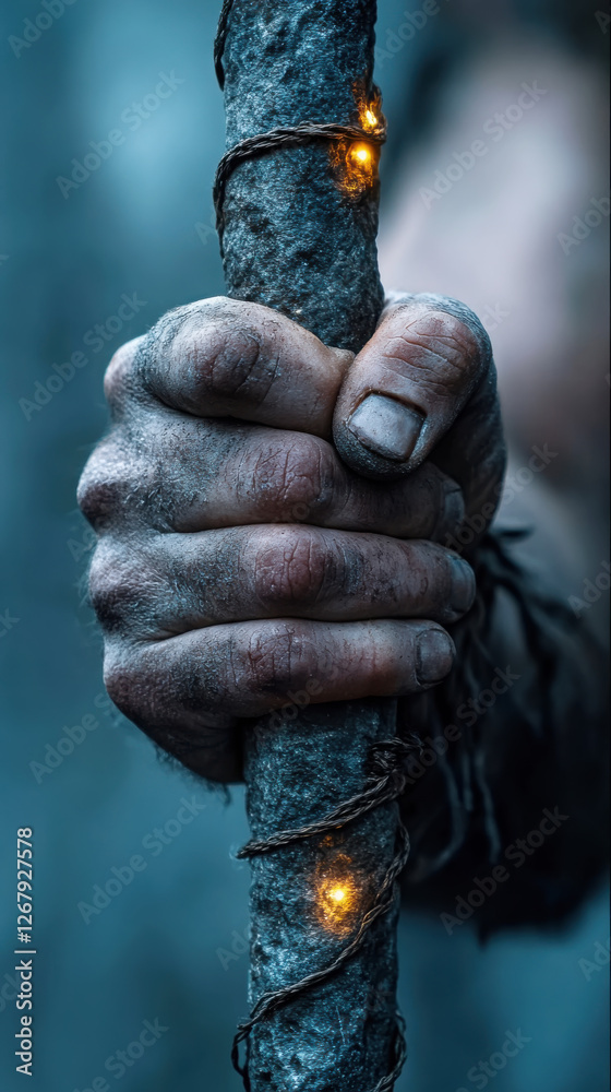 Mythical creature's hand gripping a stone with illuminated twine Mythical creature's hand gripping a stone with illuminated twine