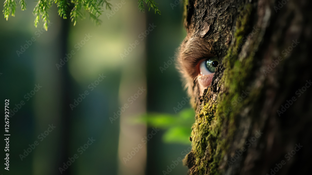 Obraz premium Enchanted forest: eye of a mystical creature among moss-covered trees
