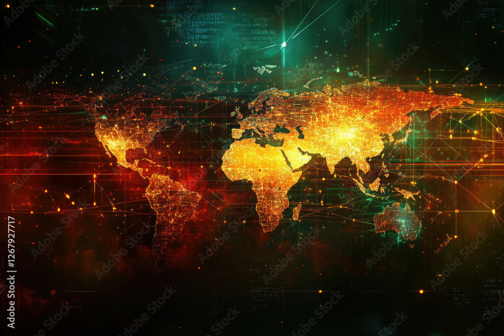 Fototapeta premium Global network connections visualized as a luminous world map, showcasing interconnectedness and data flow.