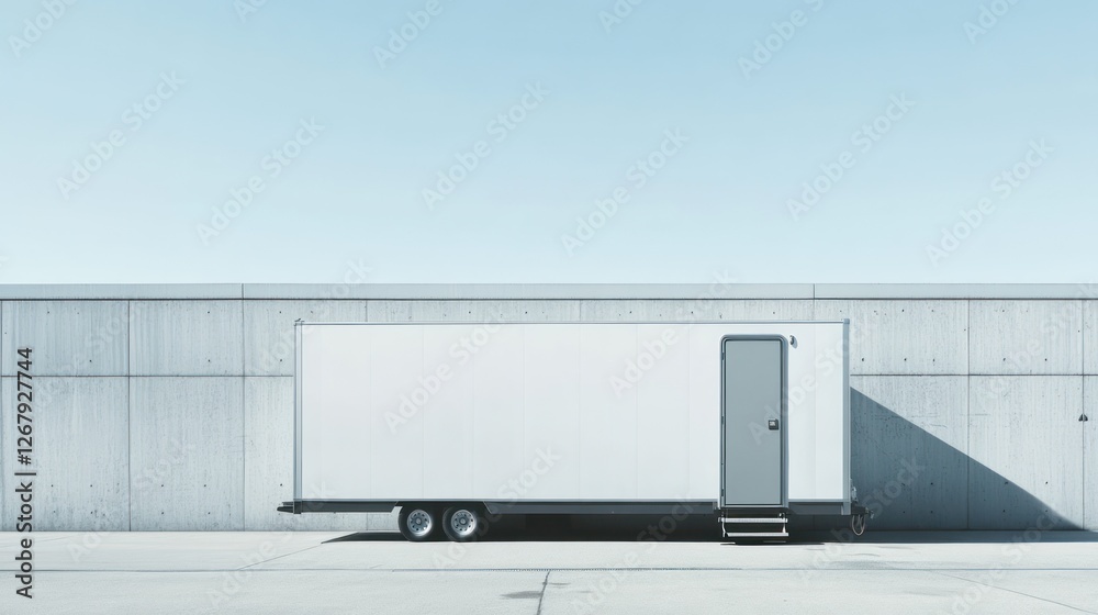 White cargo trailer parked against a concrete wall. White cargo trailer parked against a concrete wall.