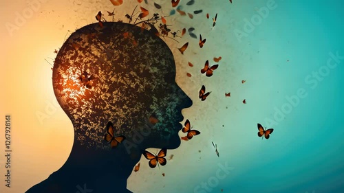 Woman's silhouette with butterflies, leaves escaping head at sunset, suggesting thoughts, ideas, mental health