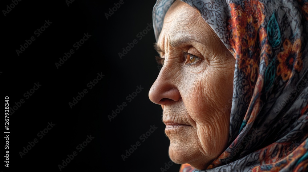 Elderly female in colorful headscarf with thoughtful expression against dark background
