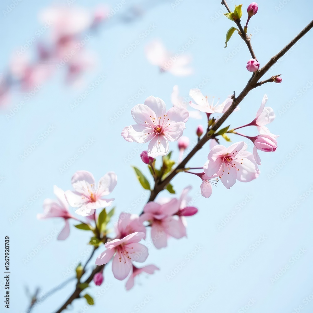 Delicate pink blossoms gently sway in the breeze on a light blue background, garden, blossoms Delicate pink blossoms gently sway in the breeze on a light blue background, garden, blossoms