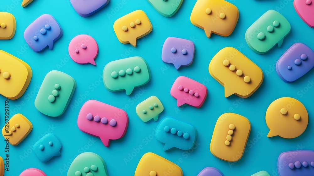 A lively composition of colorful speech bubble shapes arranged on a blue backdrop, symbolizing communication, interaction, and social engagement effectively. A lively composition of colorful speech bubble shapes arranged on a blue backdrop, symbolizing communication, interaction, and social engagement effectively.