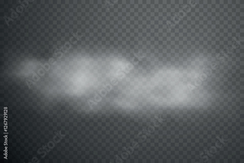 Smoke effect background. Realistic decorative fog in the air, vapor, creeping smoke puff. Layout of cloudy smog. Transparency vector illustration.