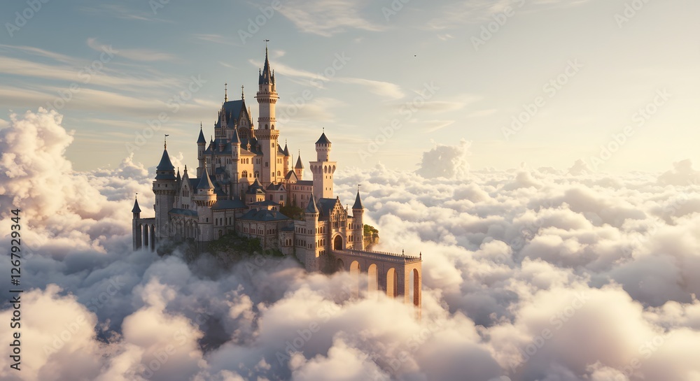Fototapeta premium Majestic Castle Towering Above Clouds Fantasy Landscape with Warm Light