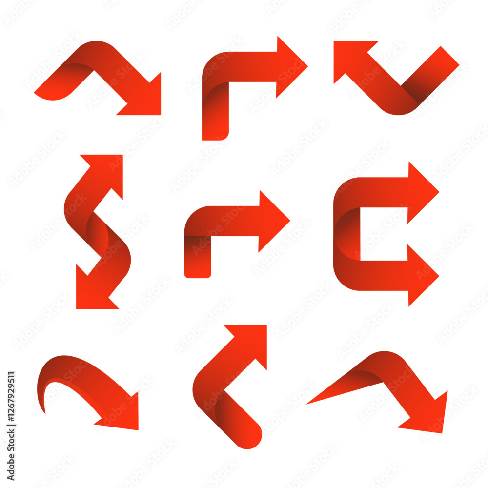 Set red arrow 3D icons pointing up down left right. Vector Set red arrow 3D icons pointing up down left right. Vector