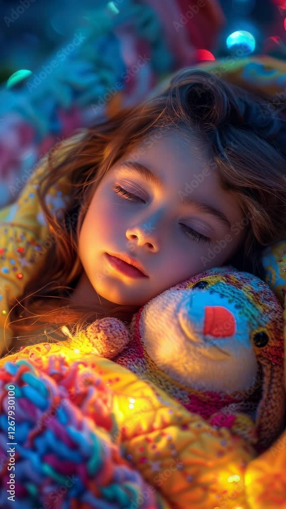 Child peacefully sleeping with a soft toy in a cozy blanket at night Child peacefully sleeping with a soft toy in a cozy blanket at night
