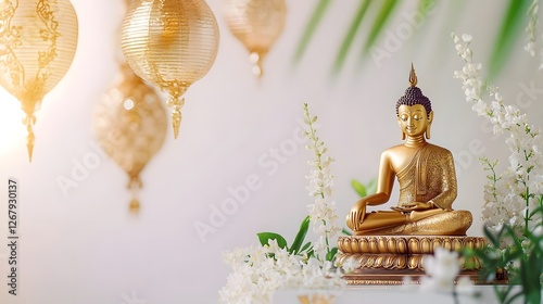 Elegant Buddhist Temple Decor for Vesak Day with Ornate Lanterns and Bronze Statues