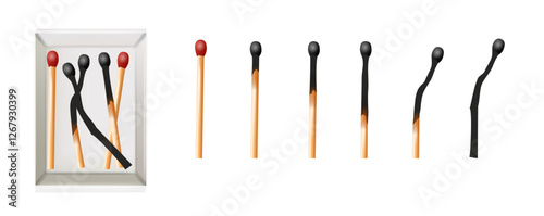 Matchbox, empty package for match sticks in top and perspective view. Realistic mockup of 3d blank box. Stages of burning the match. Symbol of ignition burning. Vector