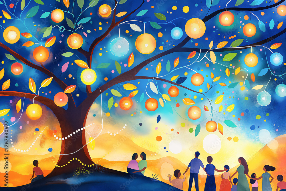Obraz premium A mesmerizing digital painting of a glowing tree with round luminescent lights, surrounded by people in a dreamlike landscape evoking warmth, unity, and wonder, forefathers