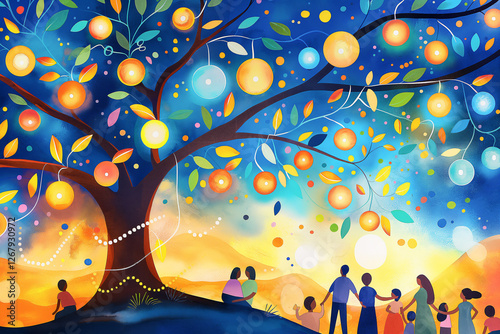 A mesmerizing digital painting of a glowing tree with round luminescent lights, surrounded by people in a dreamlike landscape evoking warmth, unity, and wonder, forefathers