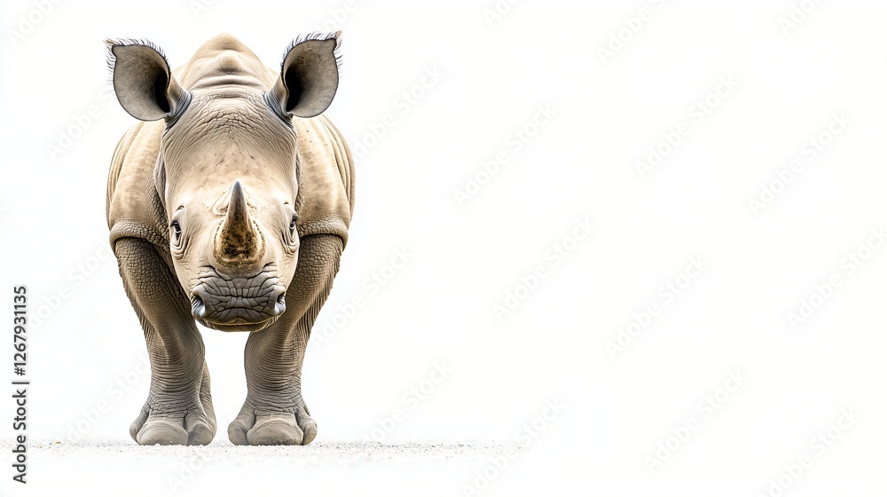 Fototapeta premium Rhino facing camera, white background, wildlife conservation