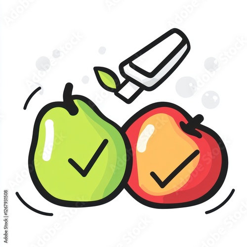 Applying lotion to a pear and apple.  Simple icon photo