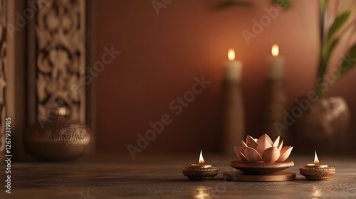 Minimalist Asalha Puja Festival Ornaments and Lotus Flower Arrangements in Warm Brown Ambiance photo