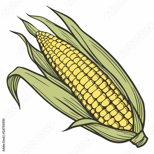 Fresh Golden Corn Cobs with Green Husks Organic Farm Produce Vector Illustration