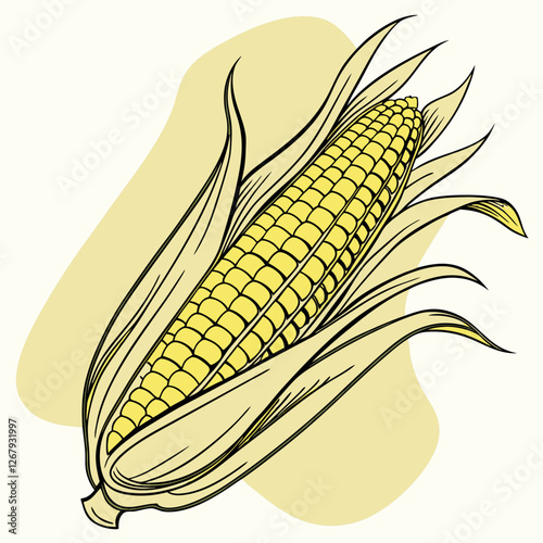 Fresh Golden Corn Cobs with Green Husks Organic Farm Produce Vector Illustration