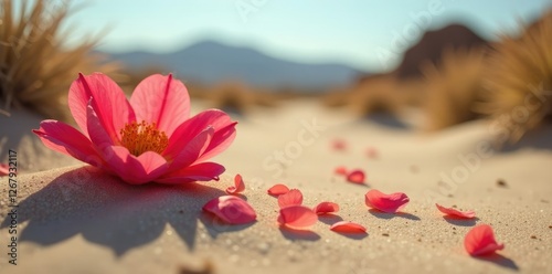 Desert flower petals softly landing on sandy terrain, cholla cactus, desert bloom
