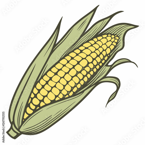 Fresh Golden Corn Cobs with Green Husks Organic Farm Produce Vector Illustration