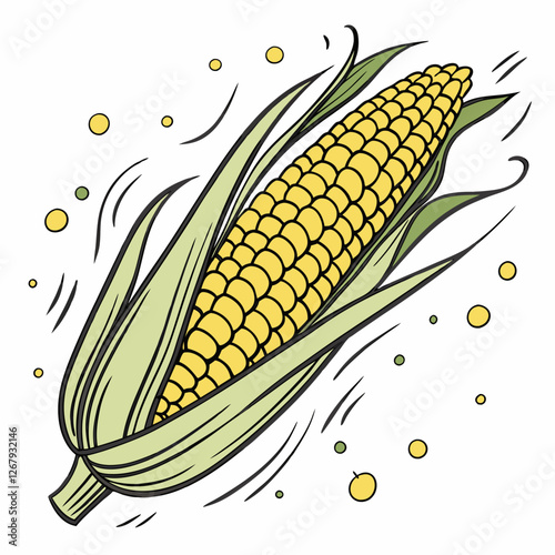 Fresh Golden Corn Cobs with Green Husks Organic Farm Produce Vector Illustration