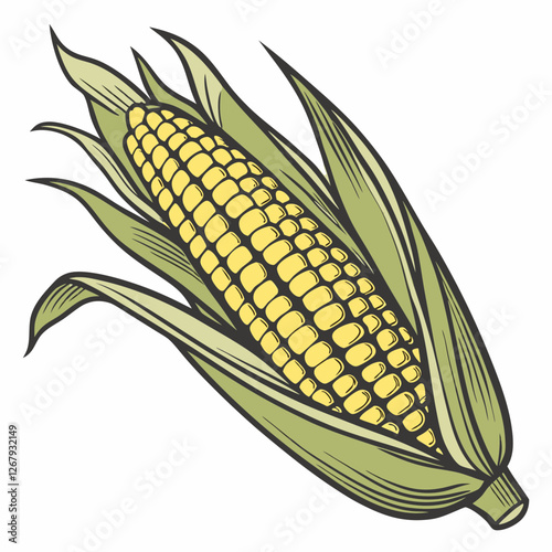 Fresh Golden Corn Cobs with Green Husks Organic Farm Produce Vector Illustration