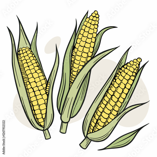 Fresh Golden Corn Cobs with Green Husks Organic Farm Produce Vector Illustration