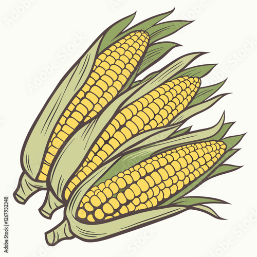 Fresh Golden Corn Cobs with Green Husks Organic Farm Produce Vector Illustration