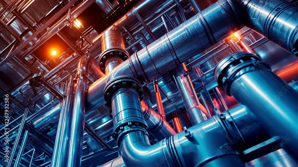 Industrial pipes in factory with warm background lighting Industrial pipes in factory with warm background lighting