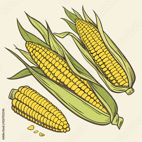 Fresh Golden Corn Cobs with Green Husks Organic Farm Produce Vector Illustration