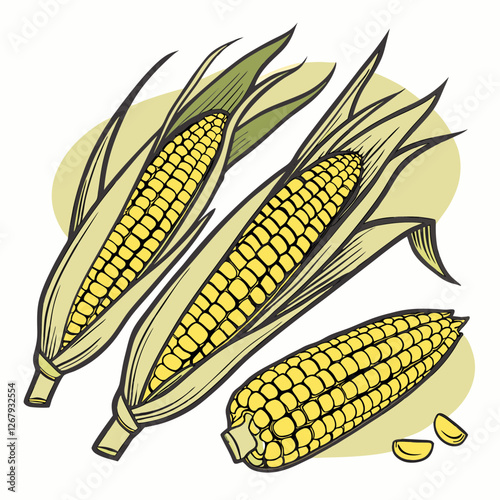 Fresh Golden Corn Cobs with Green Husks Organic Farm Produce Vector Illustration