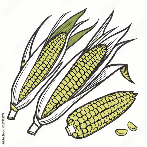 Fresh Golden Corn Cobs with Green Husks Organic Farm Produce Vector Illustration