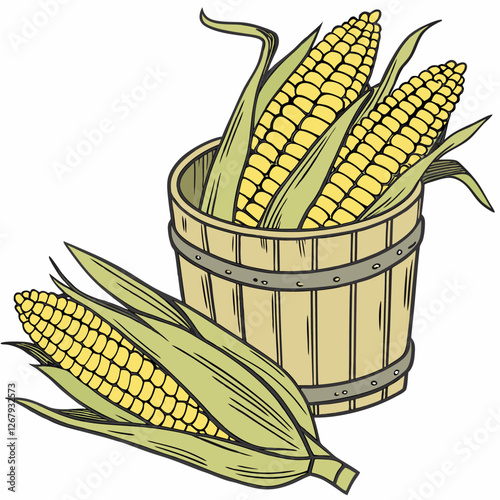 Fresh Golden Corn Cobs with Green Husks Organic Farm Produce Vector Illustration