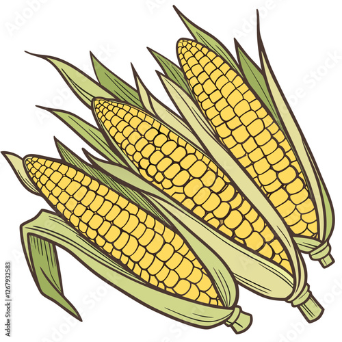 Fresh Golden Corn Cobs with Green Husks Organic Farm Produce Vector Illustration