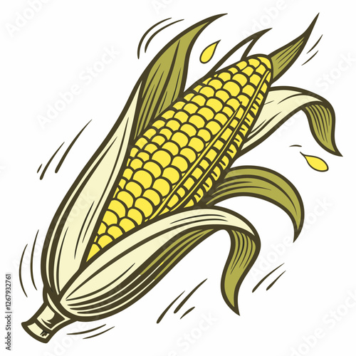 Fresh Golden Corn Cobs with Green Husks Organic Farm Produce Vector Illustration