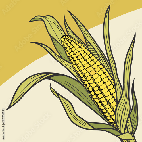 Fresh Golden Corn Cobs with Green Husks Organic Farm Produce Vector Illustration