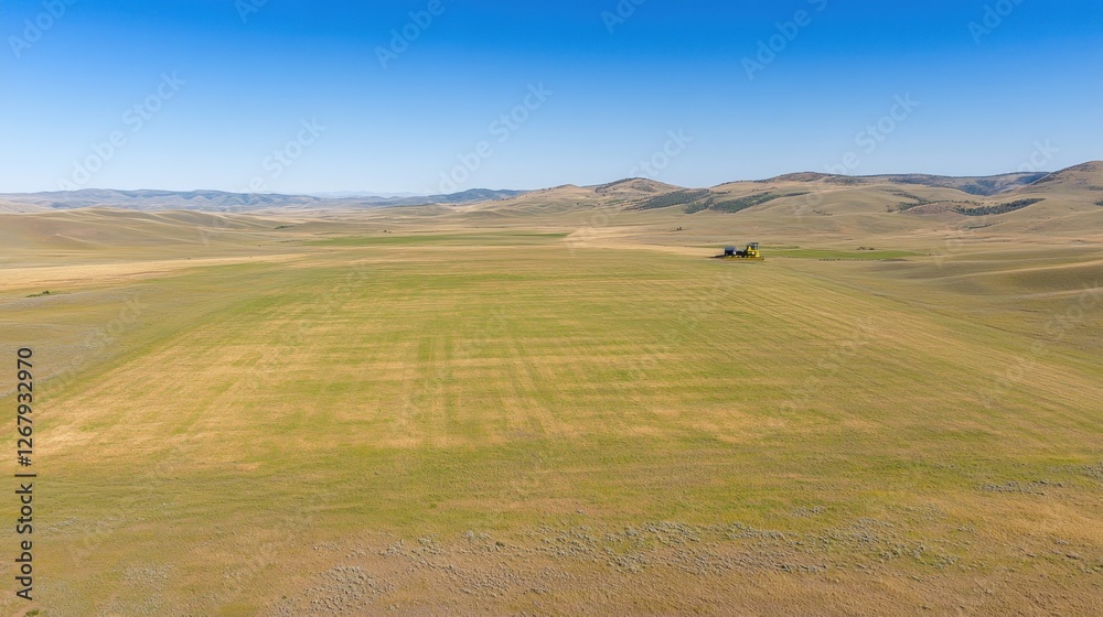 Fototapeta premium Farmland Tractor Landscape Under Blue Sky