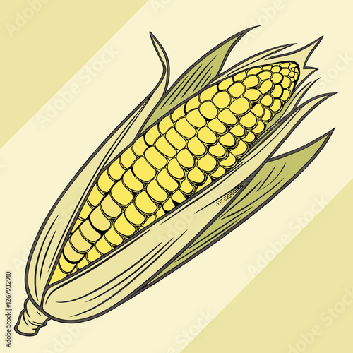 Fresh Golden Corn Cobs with Green Husks Organic Farm Produce Vector Illustration