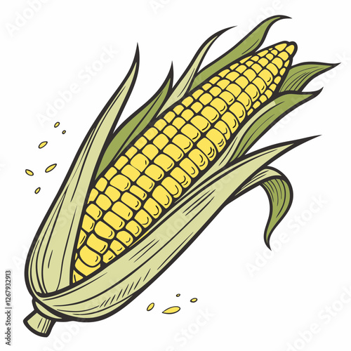 Fresh Golden Corn Cobs with Green Husks Organic Farm Produce Vector Illustration