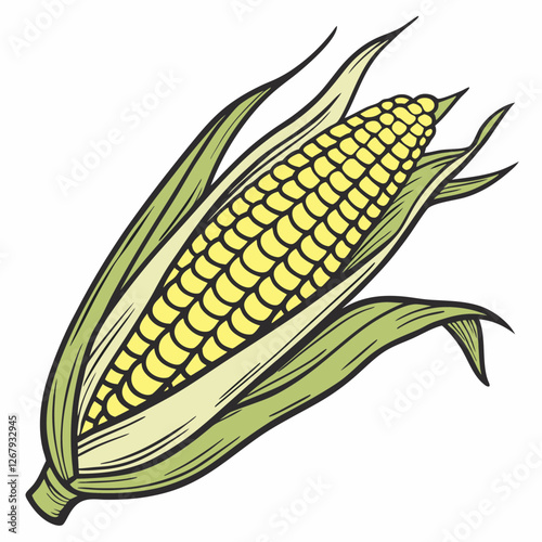 Fresh Golden Corn Cobs with Green Husks Organic Farm Produce Vector Illustration