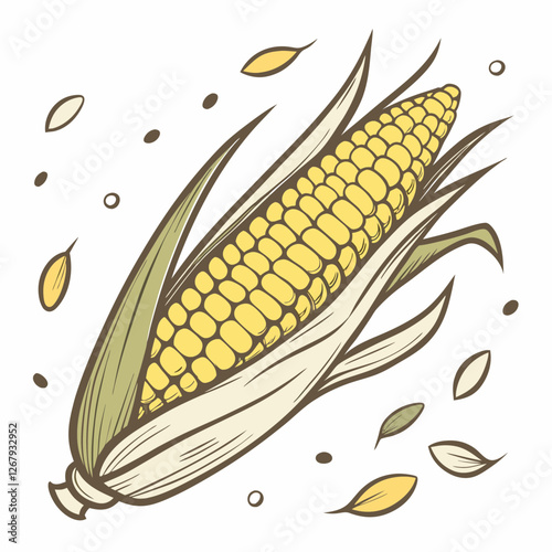 Fresh Golden Corn Cobs with Green Husks Organic Farm Produce Vector Illustration