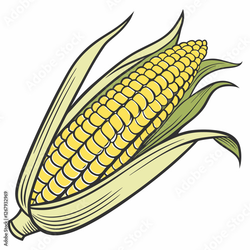 Fresh Golden Corn Cobs with Green Husks Organic Farm Produce Vector Illustration
