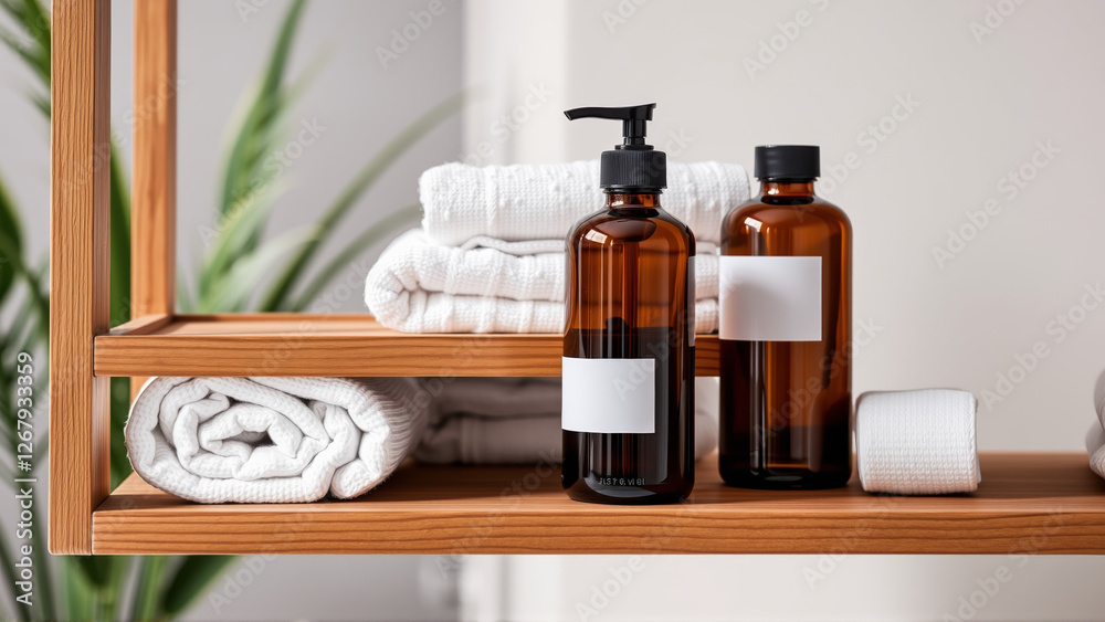 Spa treatment set, wooden shelf with neatly folded towels and dispensers for soap, cream, massage oil Spa treatment set, wooden shelf with neatly folded towels and dispensers for soap, cream, massage oil