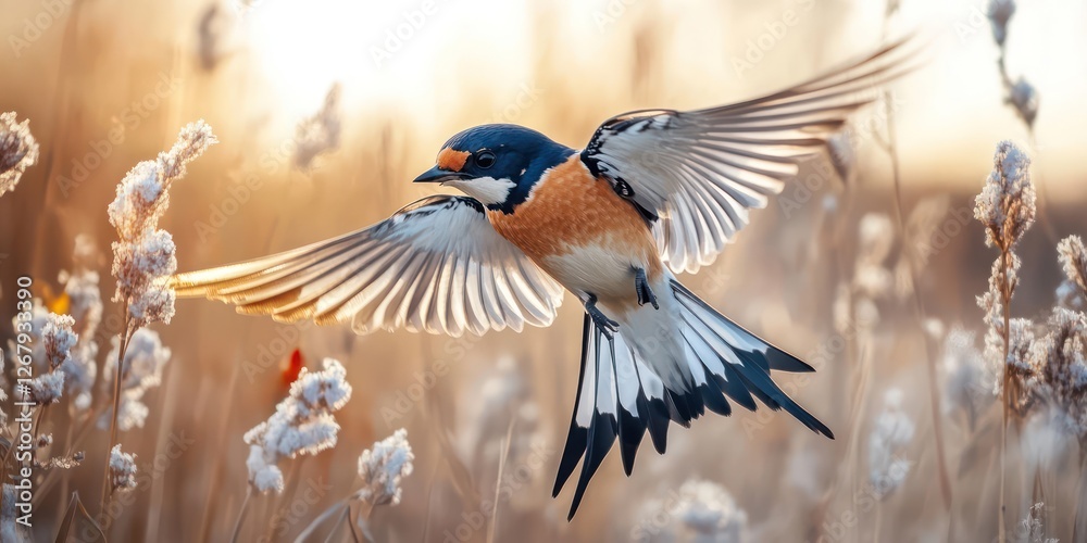 Obraz premium A swallow gracefully glides over blooming spring flowers during sunset, embodying the essence of freedom and the magic of nature's wonders